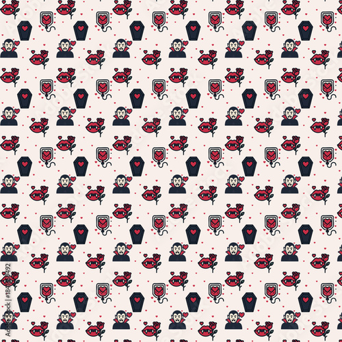 A seamless cute–gothic Valentine’s pattern featuring tiny vampires, fang lips with roses, coffins, and hearts arranged evenly across