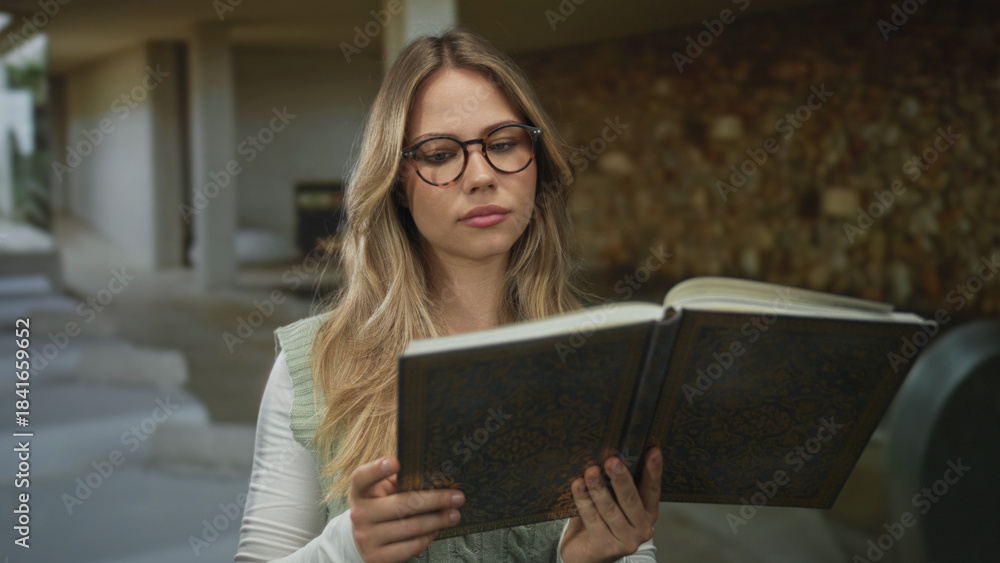 Fototapeta premium Woman wearing glasses holds ornate book while reading in softly lit spa room; serenity focus calm concentration.