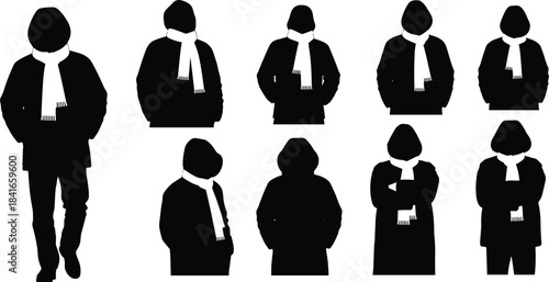 Set of black silhouettes showing professional surveyors in hard hats using total station measuring equipment for civil engineering tasks.