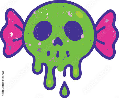 A neon green dripping skull candy with bright pink wrapper ends is illustrated in a bold spooky-cute style with distressed splatter texture and thick purple outlines.