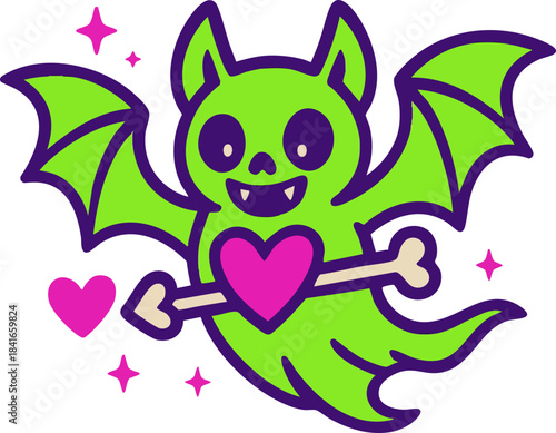 A neon green bat with purple outlines happily holds a pink heart pierced by a bone arrow, surrounded by sparkles in a cute spooky-cute style.