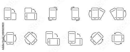 Smartphone Screen Rotation Icon Set. Mobile Phone Orientation Change With Arrows and Motion Indication Outline Symbol Collection. Editable Stroke. Isolated Vector Illustration