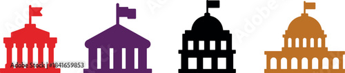 Set of four minimalist government building icons in different colors, including capitol designs