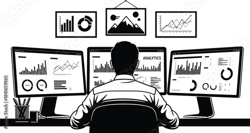 Data analyst at desk, cad drawing, flat vector illustration, analytics screen, computer monitors, black and white, business intelligence, graphs