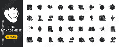 Time Management Icon Set. Efficient Scheduling, Task Prioritization, And Productivity Enhancement Silhouette Symbol Collection. Includes Clocks, Calendars, And Alerts. Isolated Vector Illustration