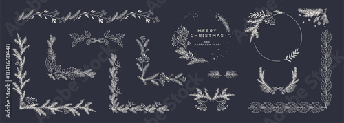 Christmas frames, corners, borders with fir branches, berries, leaves, poinsettia, holly, snowflakes. Winter floral decor. Hand drawn vector illustration in a sketch style