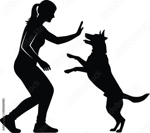 Woman training playful dog silhouette, pet obedience practice illustration, active interaction pose for animal training, communication, bonding, discipline, exercise, lifestyle and behavior concept