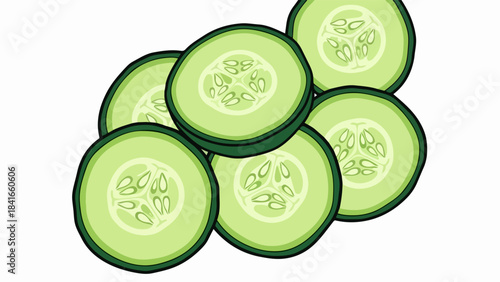 Fresh cucumber slices scattered on white backdrop, illustrating healthy eating and natural ingredients. Cucumber slices provide refreshing taste and cool texture, perfect for salads, detox water.