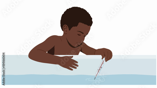 Young boy checks water temperature safety, dipping thermometer into water. Small child assesses liquid warmth, ensuring water temperature safety for bath comfort.