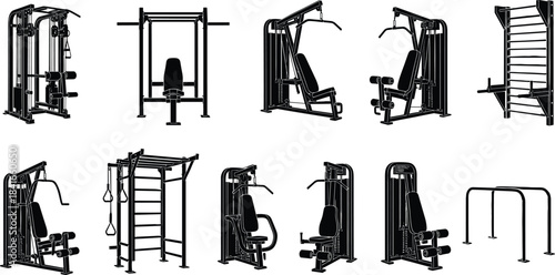Gym equipment silhouette, fitness machines, cad drawing, flat vector illustration, workout gear, strength training, black and white, exercise tools