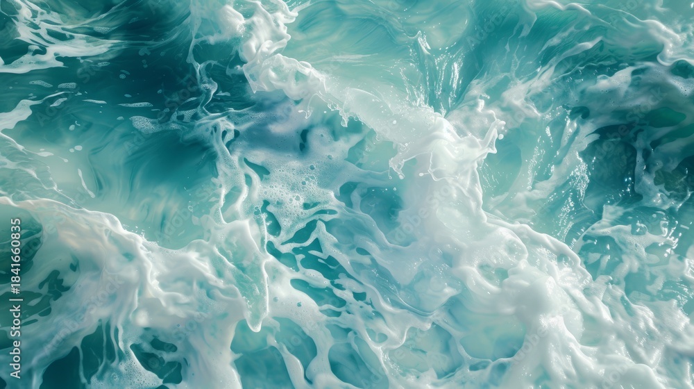Obraz premium Close-up of churning turquoise sea water. Abstract background of ocean waves and white foam. Powerful and energetic liquid motion texture