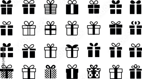 Collection of diverse gift box icons in black and white for celebration and design gift, box, present, ribbon, bow