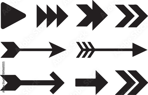 Collection of various black arrow icons on white background