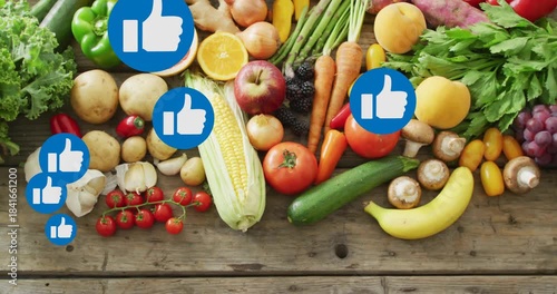 On play blue like icons appearing, floating inward and growing, covering produce to show approval