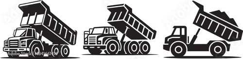 Construction dump truck silhouette icons set illustrating heavy industrial transport vehicles