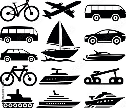comprehensive set of vehicle silhouettes representing various modes of transport transport, vehicle, travel, mode, journey