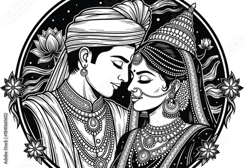  Indian wedding couple, traditional attire, romantic pose, cultural love, ornate jewelry, lotus background, black and white, silhouette style, ethnic fashion, nose ring, headpiece, layered necklaces, 