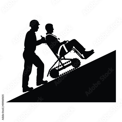 Person assisting disabled man on stair climber isolated on white background, Vector