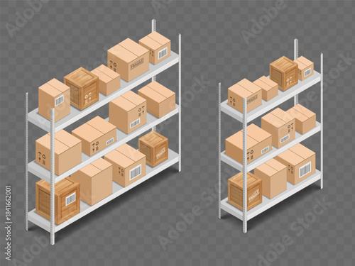 Cardboard boxes on the shelves of the rack. Isolated on a transparent background. Vector isometric illustration.