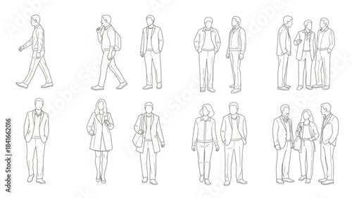 Line drawings of various business people in different poses and outfits