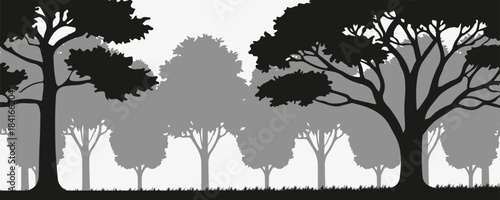 A landscape with trees silhouette on a white background. The image creates a peaceful and serene scene.