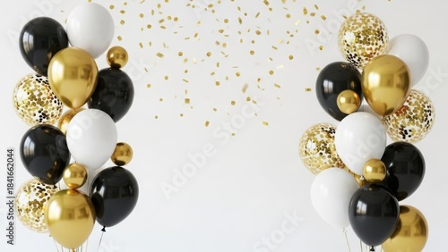 Elegant black, white, gold balloons with falling confetti celebration
