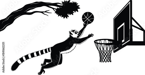 Lemur playing basketball, animal sports pose, tree background, black vector, flat design, CAD drawing, dynamic motion, hoop scene, jungle action