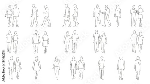 Line drawings of various business people walking and standing in different poses