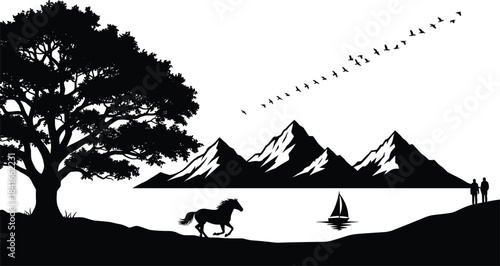 Nature landscape silhouette, cad drawing, flat vector illustration, horse running, mountain view, sailboat, birds flying, peaceful outdoor scene