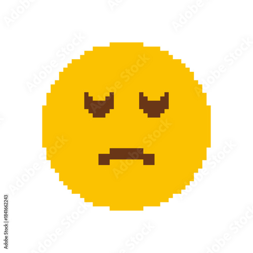 Pixelated Sad Face Emoji Icon. Negative Emotion, Disappointment, And Unhappiness Symbol. Retro Style Emoticon. Isolated Vector Illustration