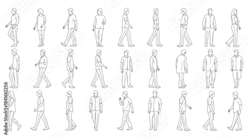 Collection of people walking in various poses and outfits in line art style