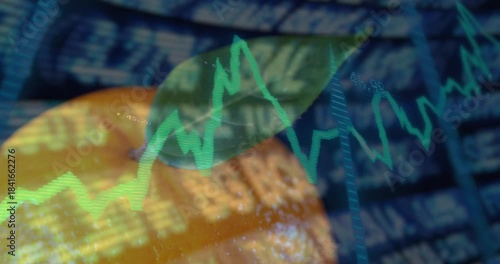 Ticker starting, orange with leaf foregrounding, charts shifting, linking produce with markets