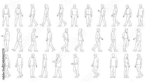 Collection of various people walking in different poses and directions