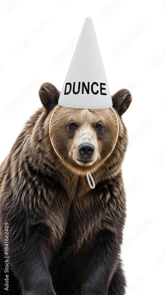 Fototapeta premium bear wearing a dunce cap hat, dim, dumb, stupid, on a white background, animal photo