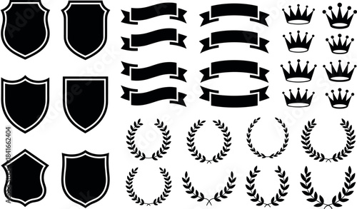 Collection of heraldic elements including shields, ribbons, crowns, and laurel wreaths
