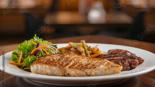 Grilled fish and steak surf and turf plated with salad in upscale restaurant