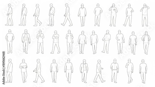 Line drawings of various people in different poses and outfits