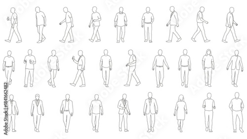 Collection of various people walking in different poses and outfits