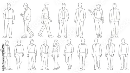 Line drawings of various business people in different poses and outfits
