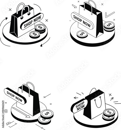 Four isometric shopping bags with coins and speech bubbles in a minimalist line art style
