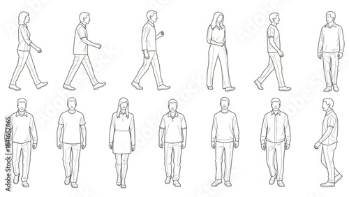 Line drawings of people walking and standing in various poses