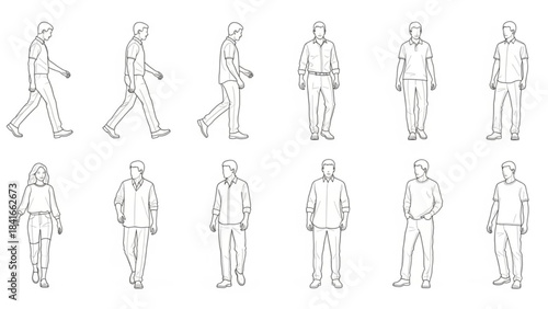 Vector illustrations of people in various poses and outfits