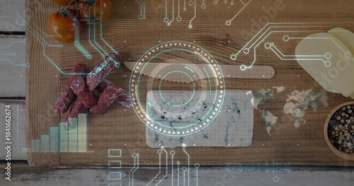 On HUD activation cheese board with sausages and cheese block receiving overlay showing origin data