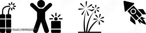 collection of icons representing fireworks, celebration, dynamite, and a rocket firework, explosion, dynamite, celebration
