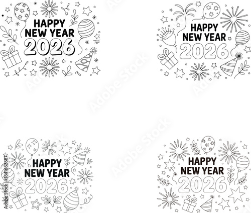 Happy new year 2023 hand drawn doodle art with festive elements