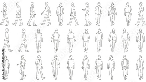 Collection of various people walking in different poses and outfits