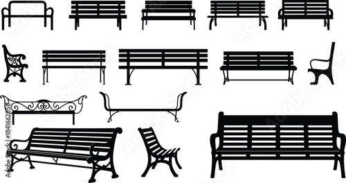 PrintPark benches silhouettes set, outdoor seat icon, wooden furniture vector, garden, public place, different styles, leisure.
