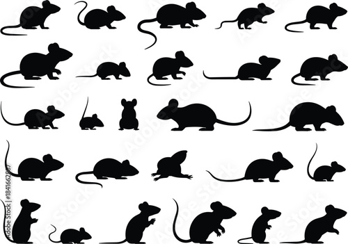PrintRodent mouse and rat silhouettes set, various poses including running, sitting, and standing, vector collection for pest control, science, and animal design projects.