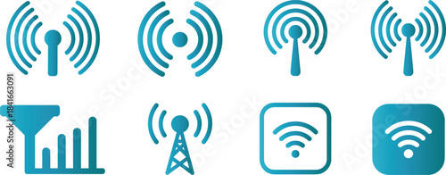 set of wireless communication and signal icons representing wifi and network connectivity