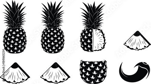 Pineapple slicing sequence, fruit silhouette, tropical icon, black vector, flat design, CAD drawing, food stages, kitchen illustration, exotic shape